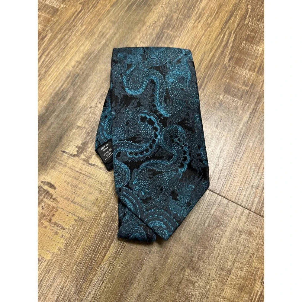 J. Ferrar Dragon Jacquard Necktie‎ Set Teal & Orange Woven Silk-Look Ties 2pc